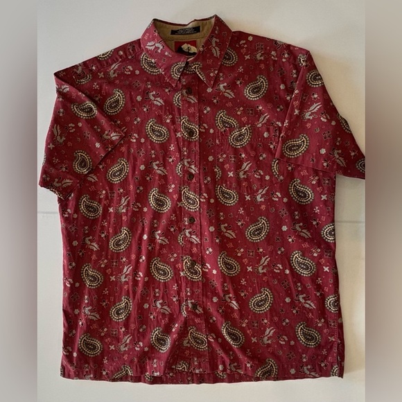 VINTAGE TOMMY HILFIGER Men’s Button Up Short Sleeve Shirt Paisley Print Red L - Picture 3 of 9